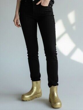 UGG Women's Gold Glitter Cozy Robber Rain Boots Branded Platform Size 8